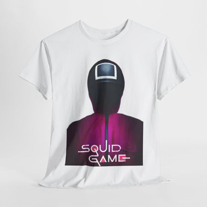 Elegant white cotton t-shirt featuring a stylish design inspired by Squid Game, showcasing a mysterious character silhouette against a vibrant background.