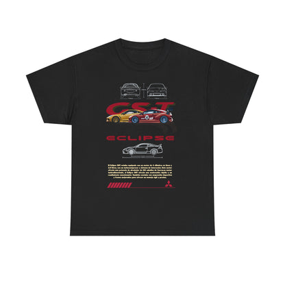 Sophisticated black Mitsubishi Eclipse GST men's T-shirt with striking graphic art of the renowned car, elegantly displaying 'GST' lettering for automotive aficionados.