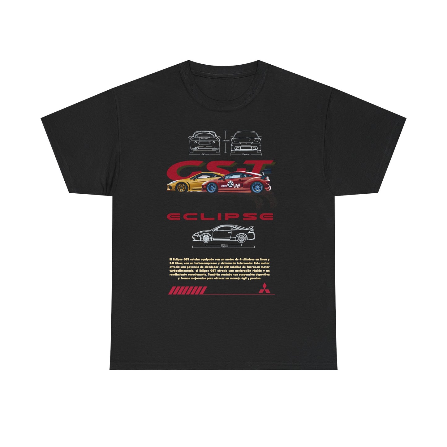 Luxurious Mitsubishi Eclipse GST Men's T-Shirt featuring bold graphic design, showcasing detailed car illustrations and vibrant colour accents, perfect for automotive enthusiasts.