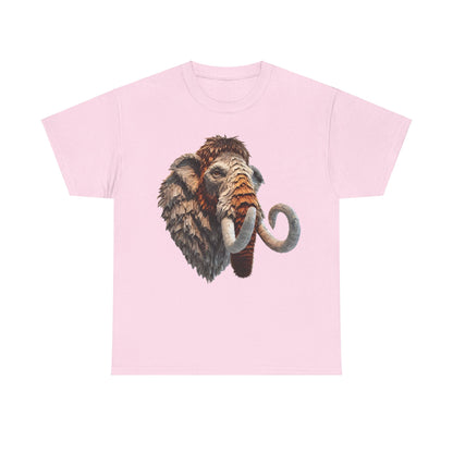 Mammoth Majesty Unisex Graphic Tee displaying a striking mammoth illustration with rich newspaper-inspired detailing, set on an elegant pink cotton shirt.