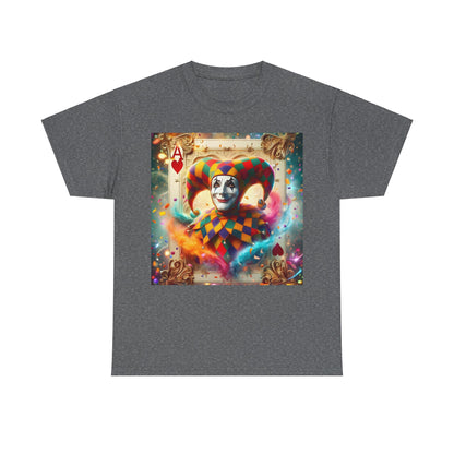 Harlequin Playing Card Graphic Tee in dark heather, adorned with an eye-catching jester design, merging luxury with a sense of fun.