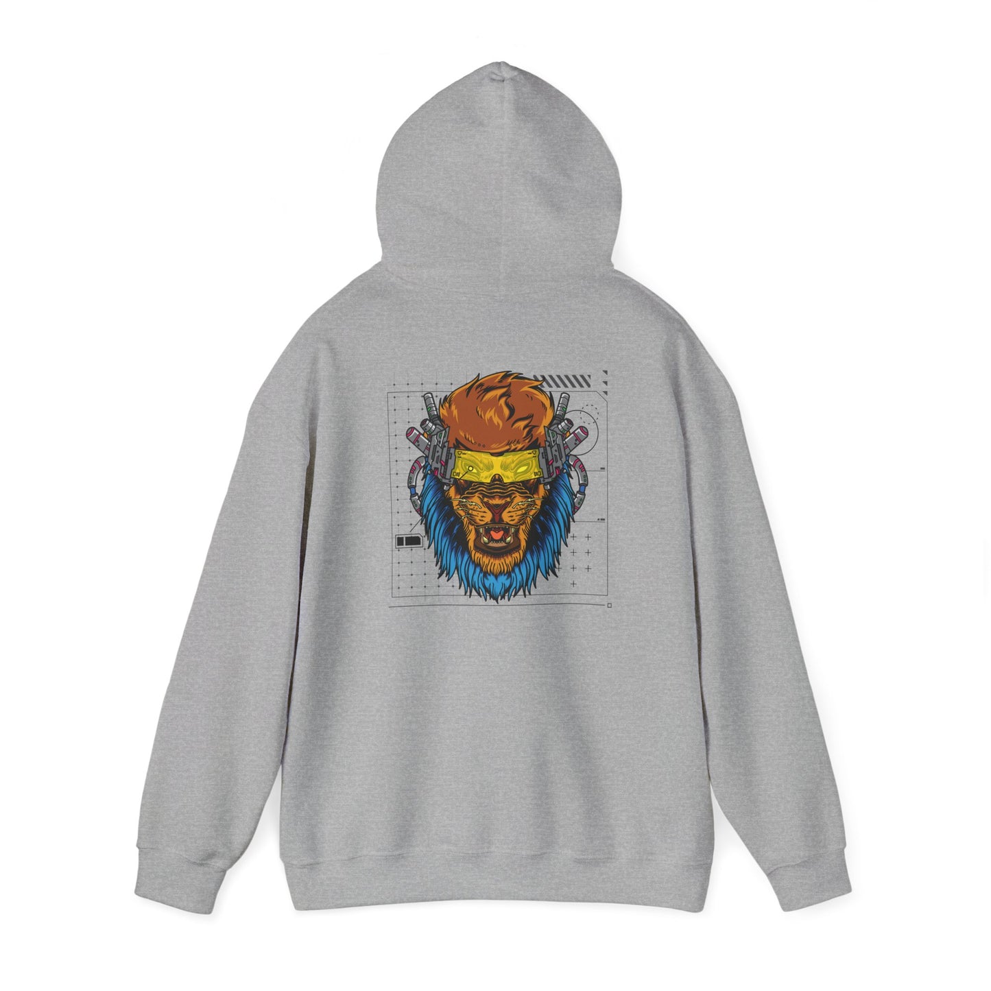 Stylish grey hoodie with a bold, artistic lion print on the back, enhanced by cybernetic features and a dynamic graphic background.