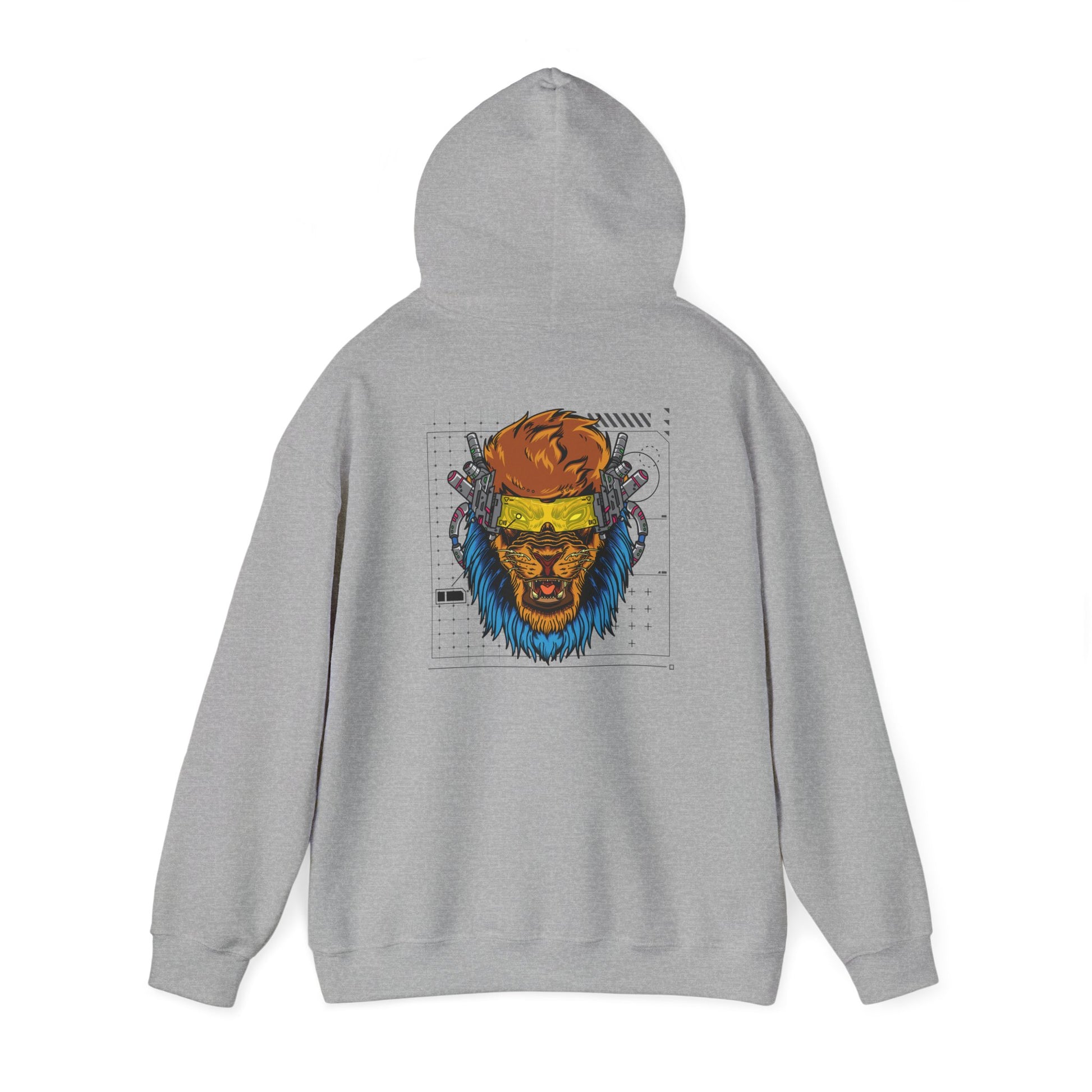 Stylish grey hoodie with a bold, artistic lion print on the back, enhanced by cybernetic features and a dynamic graphic background.
