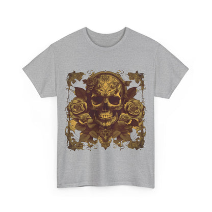 Stylish Skulls and Roses Cotton Tee featuring an intricate skull design surrounded by golden roses, perfect for alternative fashion enthusiasts. Unisex graphic shirt available in multiple colours.
