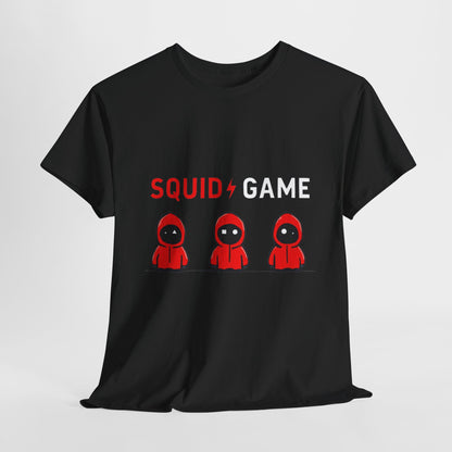 Squid Game Unisex Men's Women's Graphic Cotton Funny T Shirt Tee in black featuring stylized red hooded figures and bold text, embodying pop culture elegance.