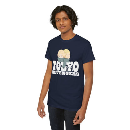 Sophisticated navy t-shirt showcasing a stylish 'TOKYO REVENGERS' design with anime characters, perfect for manga fan enthusiasts.