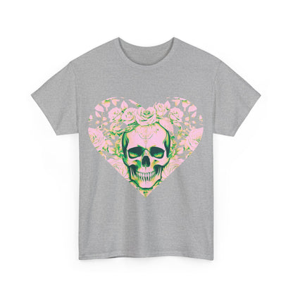 Skulls and Roses Cotton Tee in grey featuring a captivating skull heart design adorned with roses, a statement piece for the discerning fashionista.