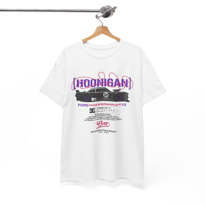 Refined presentation of the Ford Mustang Hoonicon V2 t-shirt displayed on a hanger, showcasing a premium graphic design of a racing car and vibrant typography, ideal for automotive aficionados.