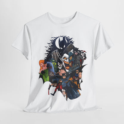 Gotham Vibes Batman DC Comics Graphic T-Shirt showcasing a vibrant, stylised illustration of Batman and iconic characters against a striking Gotham skyline, perfect for urban fashion enthusiasts.