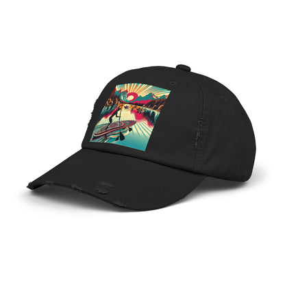 Unisex Distressed Paddleboarders Cap in black featuring a stunning fantasy design, crafted for the adventurous at heart.