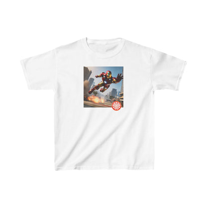 Kids Iron Man Printed Heavy Duty T-Shirt showcasing vibrant Iron Man design on white background - available in 16 stunning colours.