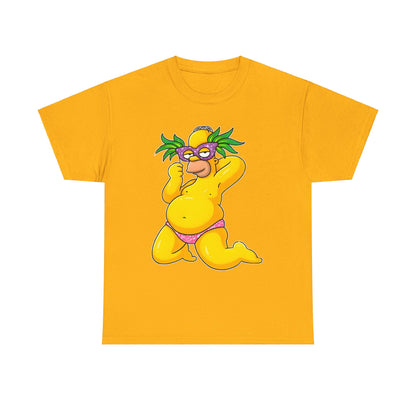 Homer Simpson Unisex Cotton Tee - Graphic T-Shirt with Playful Caricature Design showcasing a lively rendition of Homer Simpson in a vibrant yellow color, adorned in a playful bikini, a stylish addition for luxury casual wear.