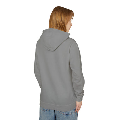 Back view of a female model wearing a Unisex Lightweight Hooded Sweatshirt adorned with a designer skull and roses design.