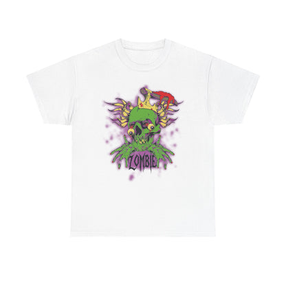 Men's luxury t-shirt featuring a vibrant cartoonish zombie skull crowned with a playful green hat, designed with bold purple and green tones, capturing a whimsical yet edgy aesthetic.
