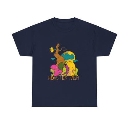 Elegant navy blue Monster Mash T-Shirt featuring a whimsical cartoon design with vibrant creatures and a majestic tree, perfect for adventurous spirits.