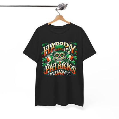 Elegant St Patricks Day unisex graphic t-shirt showcasing an intricate sugar skull with Irish elements, ideal for stylish parade outfits.