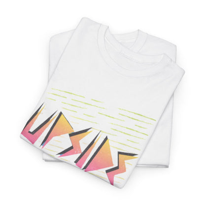 Elegant folded graphic tees showcasing 'UPSIDE DOWN' design with colourful aesthetics, an essential addition for stylish enthusiasts.