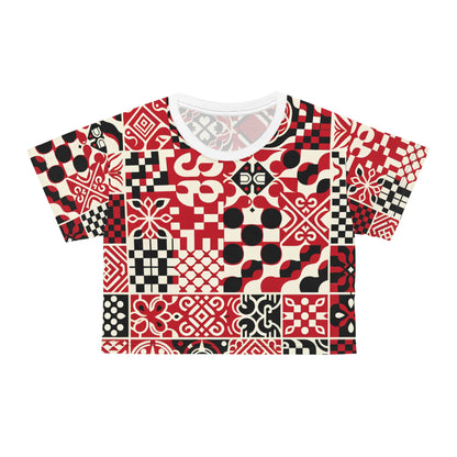 Elegant details of the Valentina Rialto Crop Top by Dazzling Dreams Studio, featuring a bold red checkerboard pattern perfect for fashion-forward individuals seeking contemporary style.