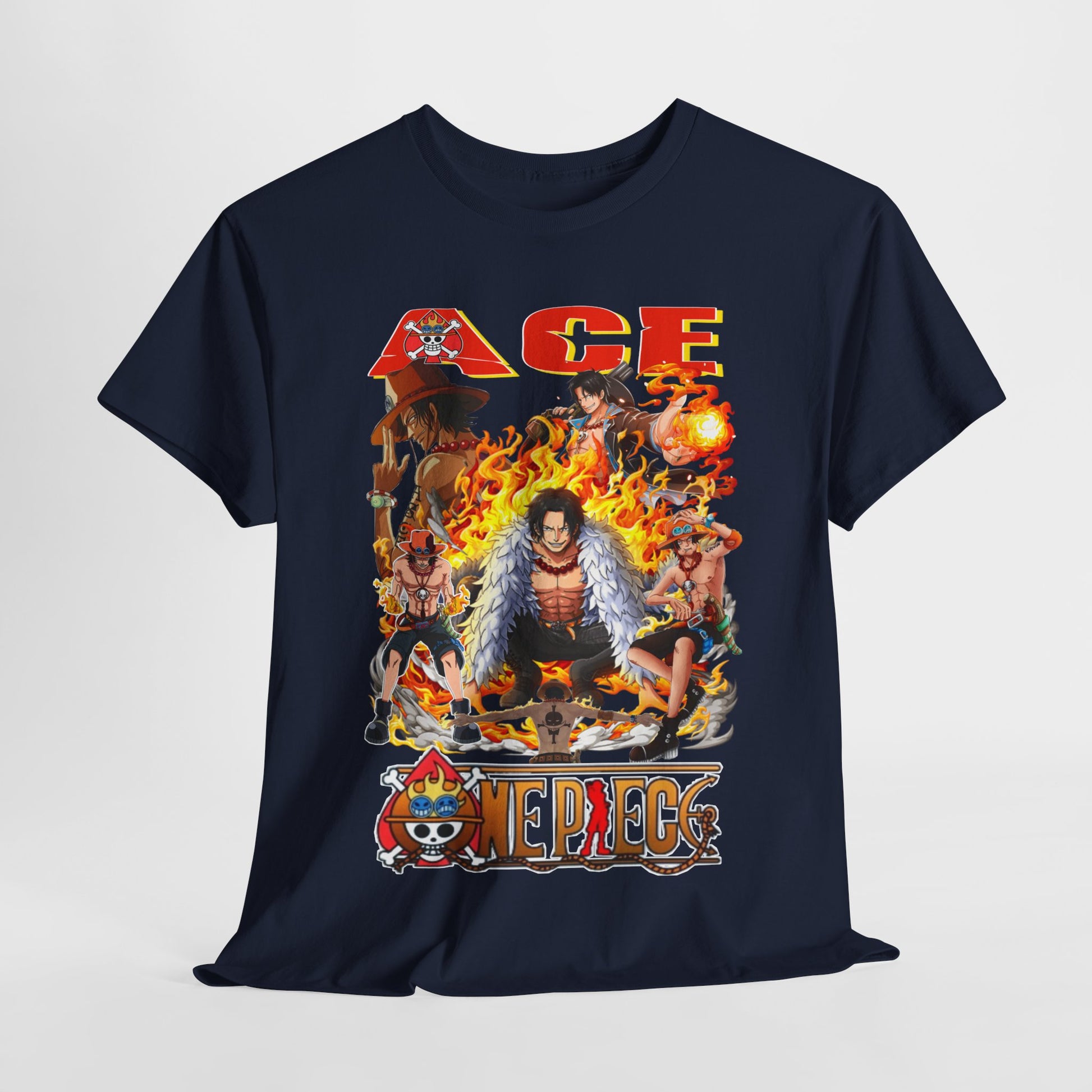 Navy graphic t-shirt artfully draped, featuring bold design of Ace from One Piece, surrounded by other characters and flames, perfect for collectors.