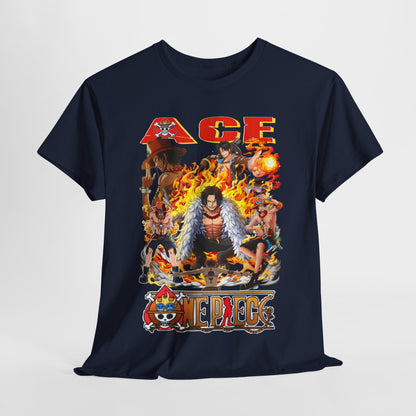 Navy graphic t-shirt artfully draped, featuring bold design of Ace from One Piece, surrounded by other characters and flames, perfect for collectors.