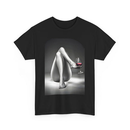 Chic graphic tee for men and women, displaying a serene artistic print of a seated woman holding a wine glass, perfect for adding a touch of sophistication to any outfit.