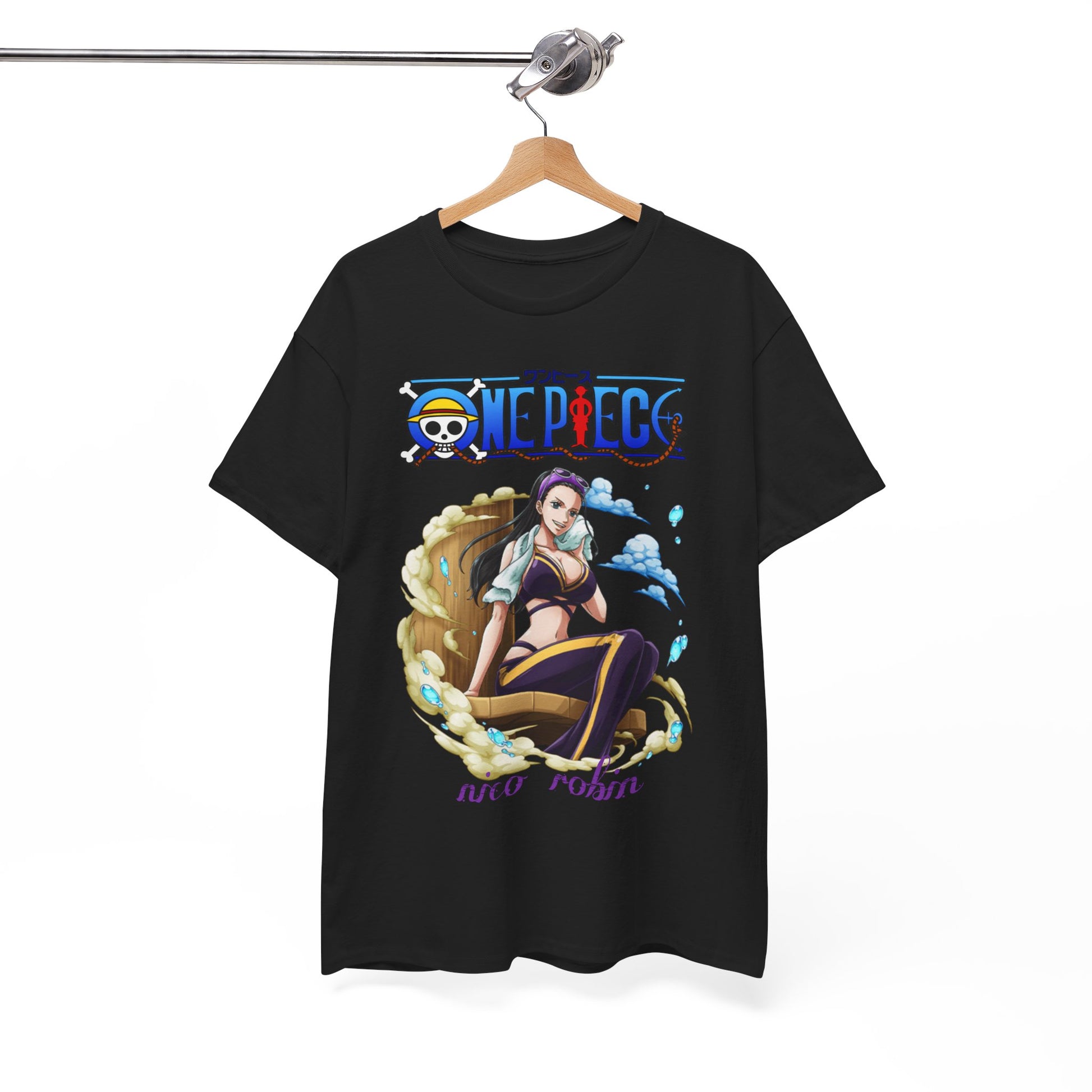 Stylish men's t-shirt elegantly displayed on a hanger, featuring an intricate design of Nico Robin from One Piece, ideal for anime lovers seeking a blend of fashion and fandom.