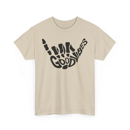 Stylish cream t-shirt featuring a bold black skeletal hand gesture design with the words 'Good Vibes', a chic statement piece for urban fashion enthusiasts.