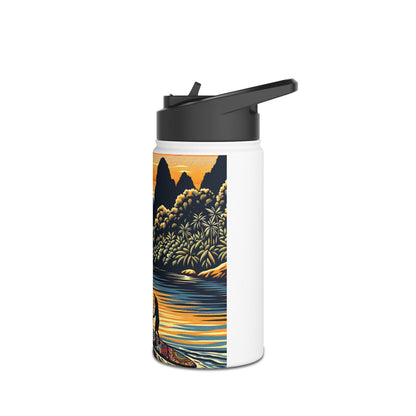 Chic Fantasy Paddleboarding Stainless Steel Water Bottle showcasing a serene river scene with lush greenery, ideal for stylish hydration on water journeys.