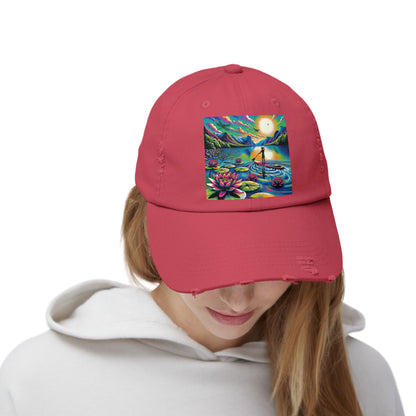 Close-up of the sophisticated Unisex Distressed Paddleboarders Cap in pink, adorned with unique paddleboarding artwork, perfect for water lovers.
