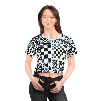 Front view of a model wearing the Lorelei Beaumont Trendy Crop Top, styled with a modern checkerboard and organic patterns, highlighting its luxurious comfort and chic aesthetic.