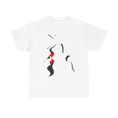 Sophisticated unisex T-shirt showcasing a striking minimalist graphic of intertwined black and red figures, exuding contemporary style on a crisp white fabric.