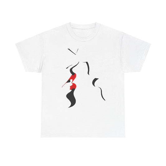 Sophisticated unisex T-shirt showcasing a striking minimalist graphic of intertwined black and red figures, exuding contemporary style on a crisp white fabric.
