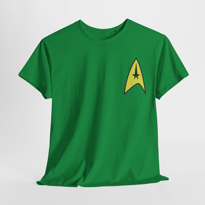 Stylish green Star Trek Starfleet uniform graphic t-shirt displaying classic insignia, perfect for fashionable fans.
