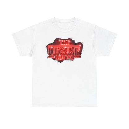 Stylish unisex short-sleeve t-shirt showcasing the captivating 'The Upside Down' graphic from Stranger Things, designed with striking neon-red lettering on a pristine white fabric, ideal for those embracing retro aesthetics.