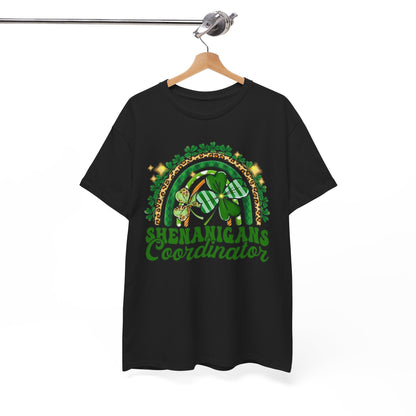 St Patricks Day Unisex Men's Women's Graphic Cotton Funny T Shirt Tee Vintage featuring a vibrant rainbow and shamrock design with 'Shenanigans Coordinator' text, ideal for festive celebrations and St. Paddy’s Day parties.