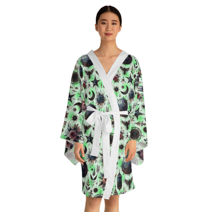 Model showcasing the Floral Kimono Robe, a designer piece with an enchanting floral print, perfect for stylish lounging and spa days.