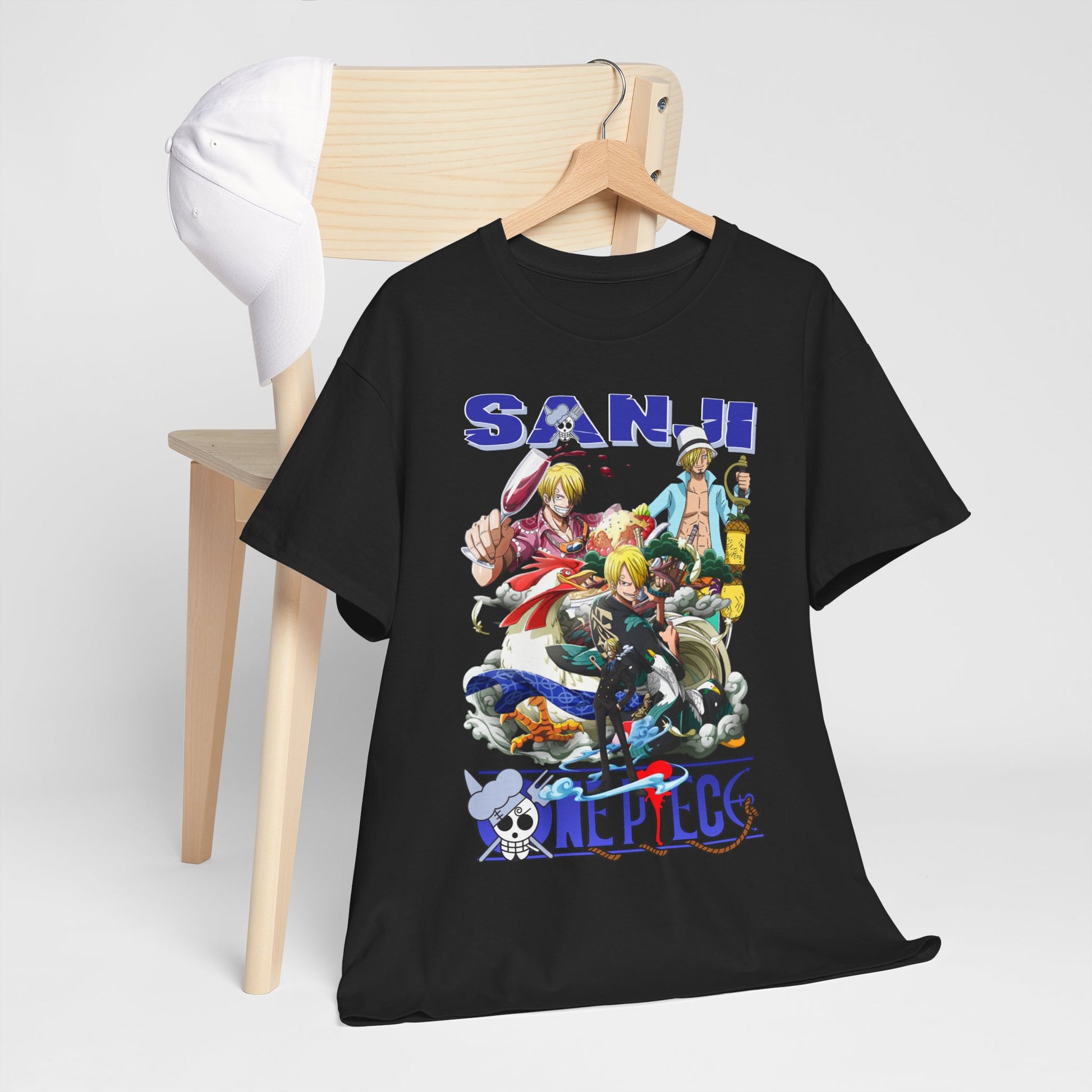 Luxurious men's black t-shirt featuring a vibrant graphic of the anime character Sanji from One Piece, elegantly displayed on a wooden hanger next to a stylish white cap.