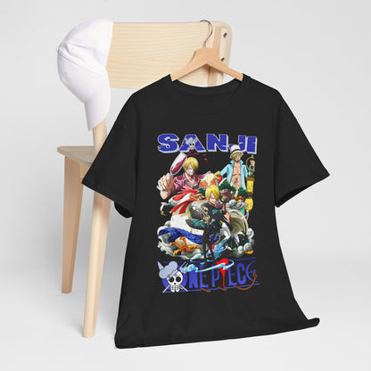 Luxurious men's black t-shirt featuring a vibrant graphic of the anime character Sanji from One Piece, elegantly displayed on a wooden hanger next to a stylish white cap.