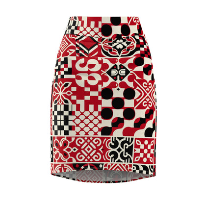Luxurious vibrant red checkerboard pencil skirt by Dazzling Dreams Studio, showcasing a contemporary organic design with a flattering silhouette, perfect for any stylish occasion.