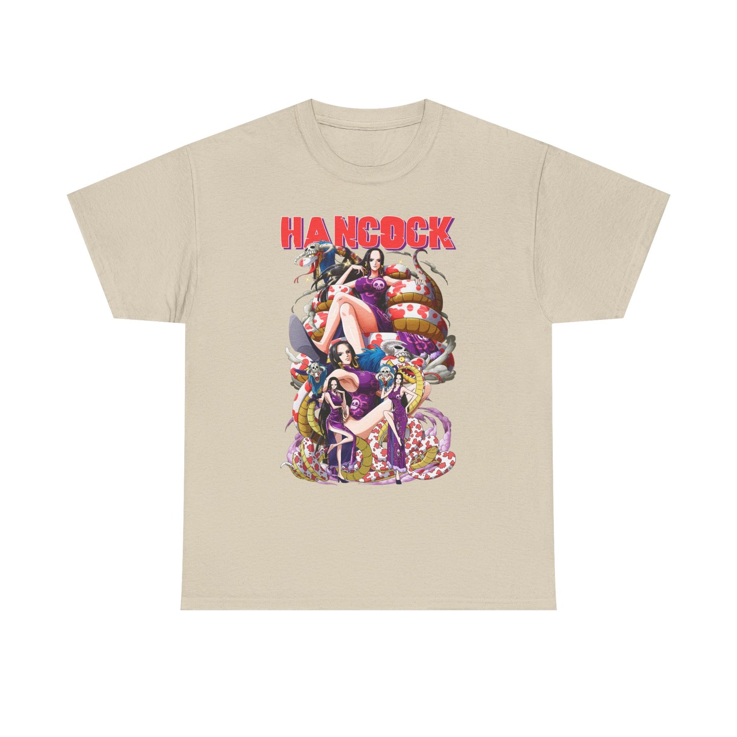 Sophisticated beige men's t-shirt adorned with a striking Hancock print, ideal for fashion-forward fans of anime culture.