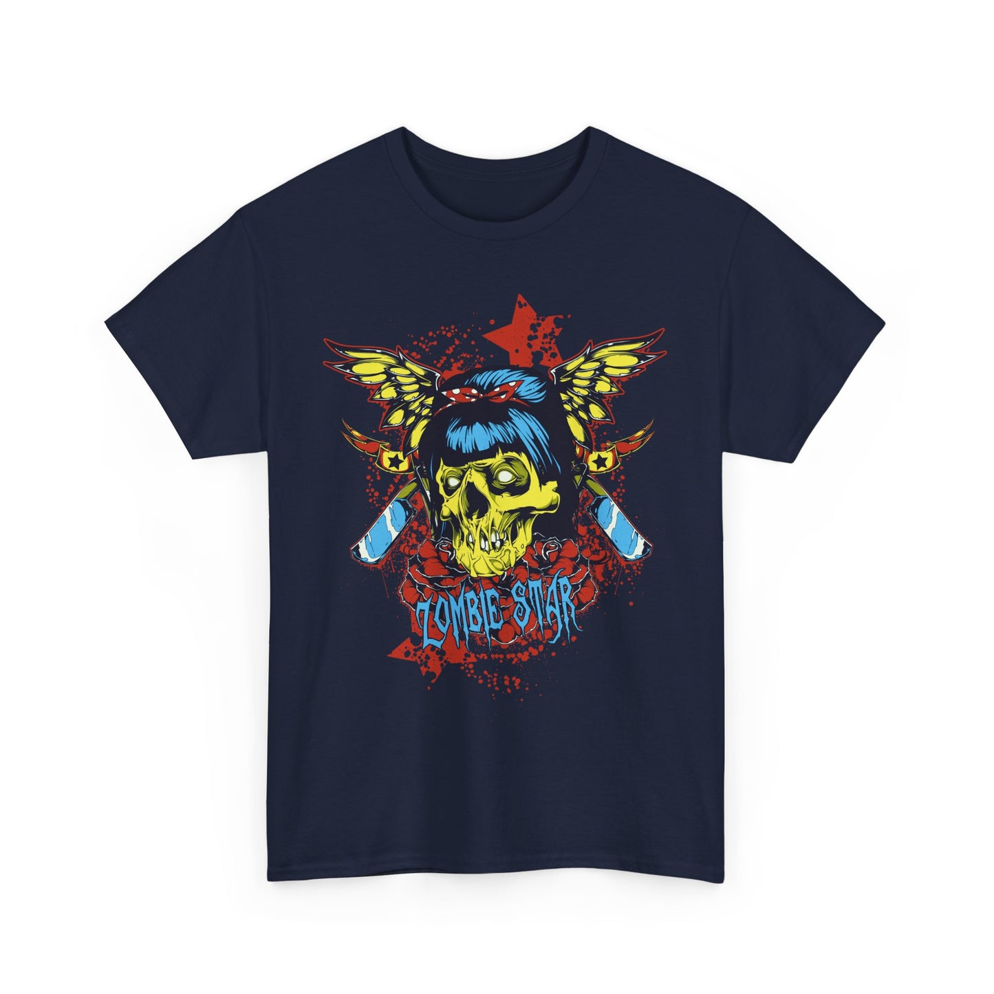 Stylish navy t-shirt adorned with an artistic skull graphic in vivid colours, designed for those who appreciate high fashion statement pieces.
