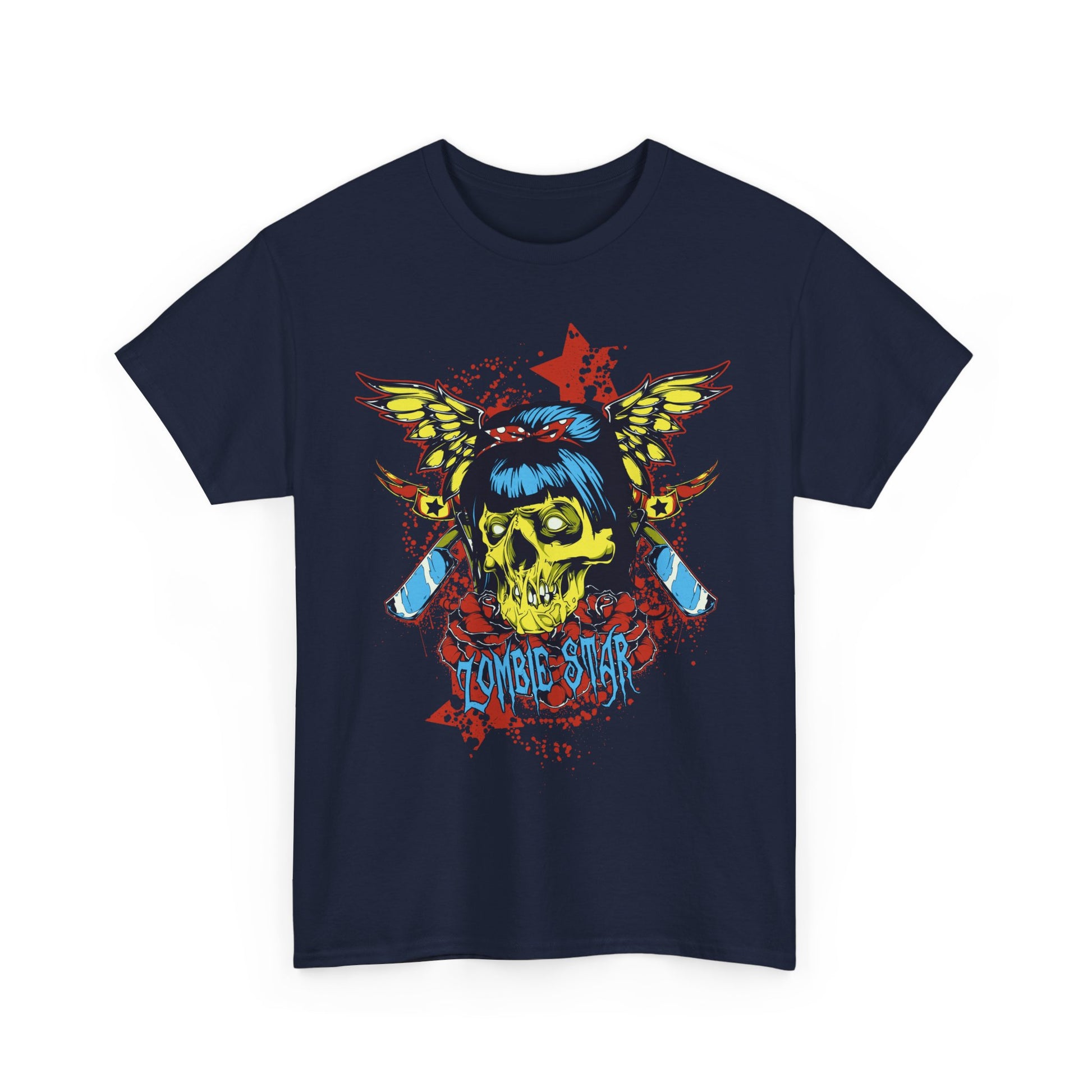 Stylish navy t-shirt adorned with an artistic skull graphic in vivid colours, designed for those who appreciate high fashion statement pieces.