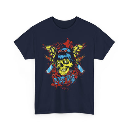 Stylish navy t-shirt adorned with an artistic skull graphic in vivid colours, designed for those who appreciate high fashion statement pieces.