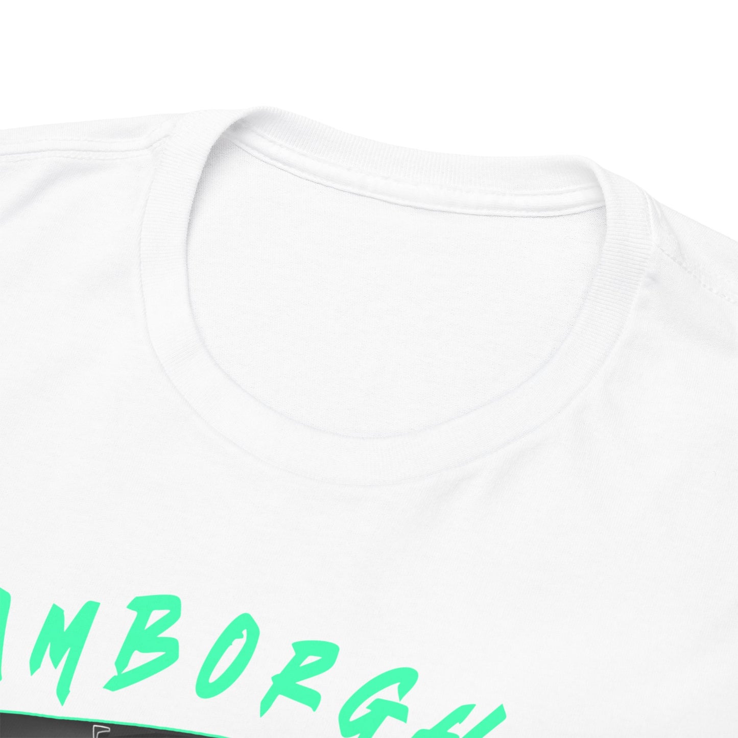 Close-up of the neckline of a Lamborghini Aventador t-shirt, showcasing premium quality fabric and luxurious design elements.