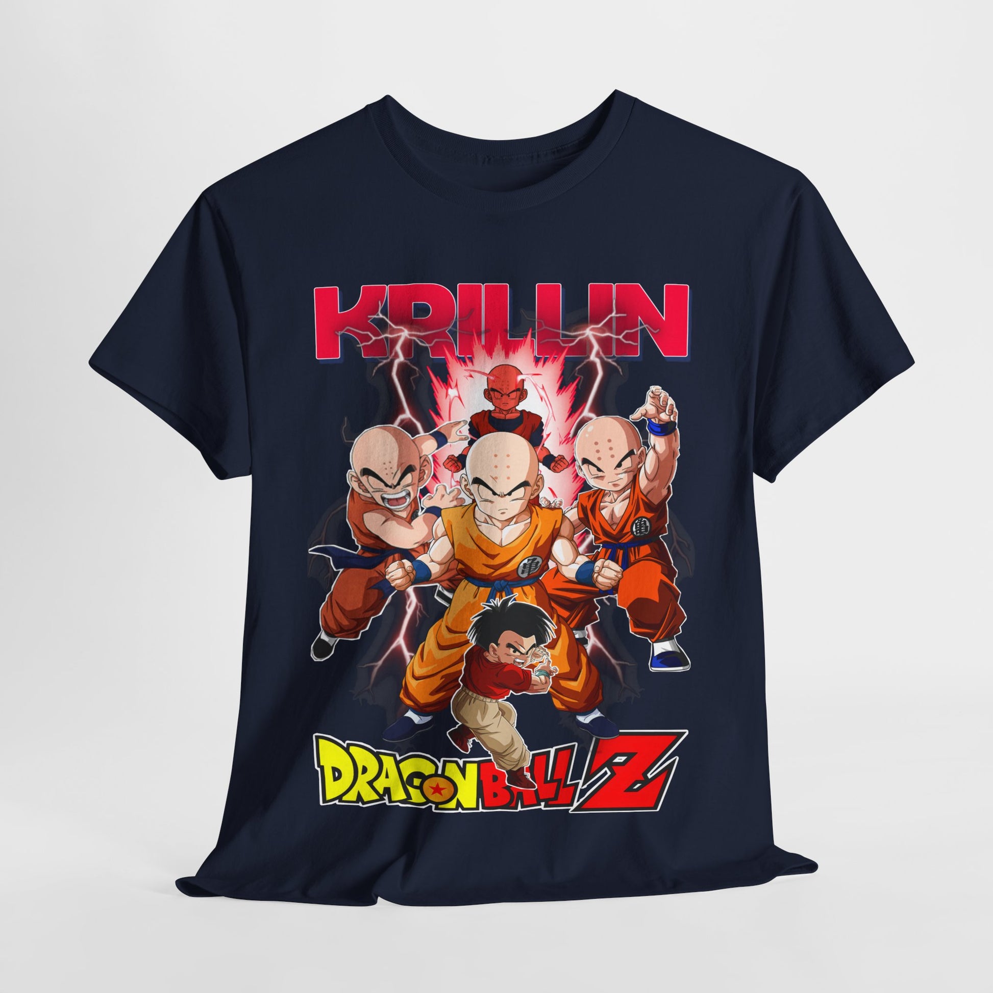 Artfully displayed Dragon Ball Z T-shirt featuring Krillin, captured in a sophisticated manner to highlight the unique anime graphic.