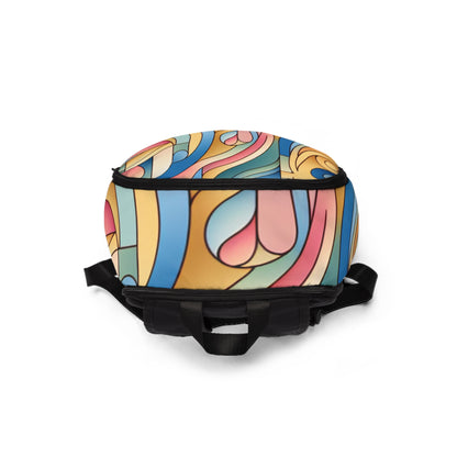 Fashion-forward individuals carrying the Modern Pastel Geometric Backpack by Dazzling Dreams Studio in a chic urban setting, perfect for everyday elegance.