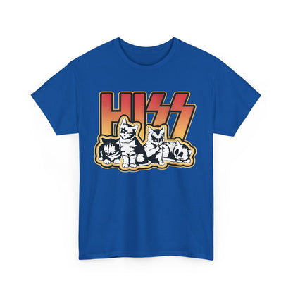 Hiss Cats Rock Band Star Wars Graphic T-Shirt in royal blue, featuring the bold 'HISS' lettering adorned with minimalist cats, providing a sophisticated take on rock-themed fashion.