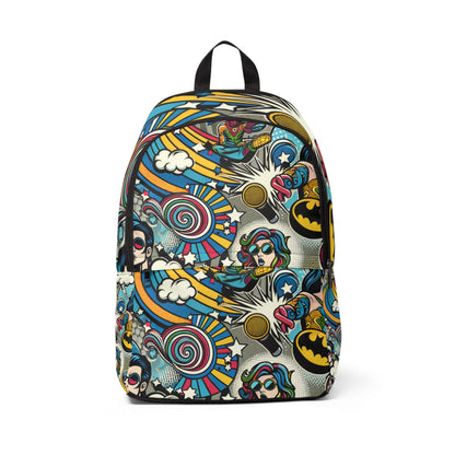 Stylish Abstract Visions Cartoon Backpack by Dazzling Dreams Studio featuring vibrant pop art design with comic motifs, perfect for artistic expression.
