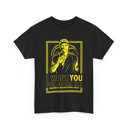 Stylishly crafted unisex Cobra Kai graphic t-shirt showcasing an iconic design with the slogan 'I Want You for Cobra Kai' in striking yellow, ideal for casual elegance.