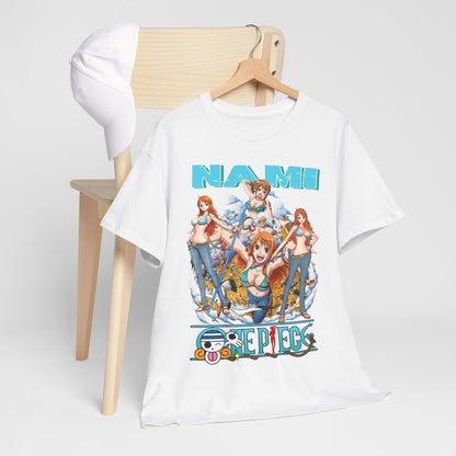 Luxury Nami anime t-shirt featuring vibrant artwork and rich colours, displayed on a hanger with a white cap on a minimalist wooden chair.